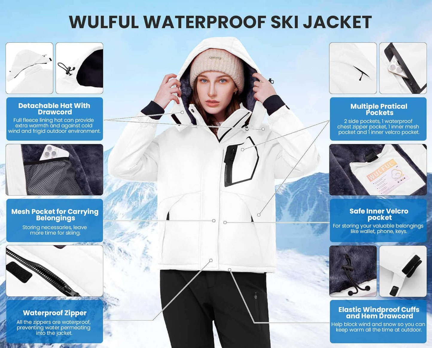 Women's Waterproof Ski Jacket - Windproof Fleece-Lined Winter Coat with Hood