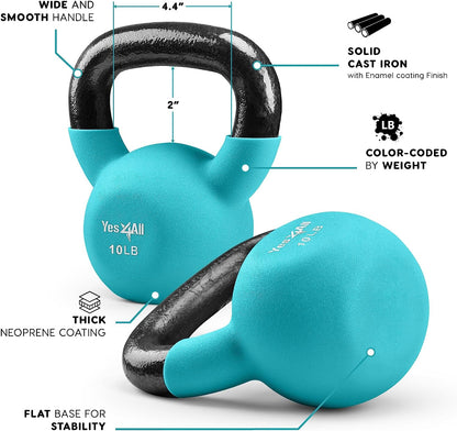 Neoprene Coated Cast Iron Kettlebells, 5-65 LB with Wide Grip Handle and Flat Bottom for Versatile Home Gym Workouts - Available Individually or as a Set