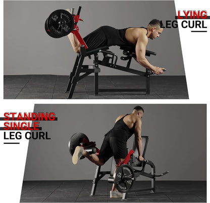 Adjustable Leg Extension and Curl Machine for Home Gym - Single Leg Extension, Lying Curl, and Standing Curl with Plate Loading System