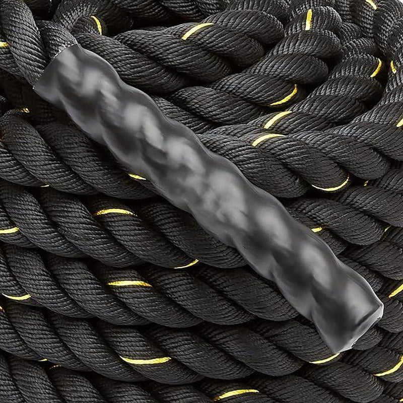 Battle Exercise Training Rope 30 Foot Lengths 1.5 Inch Widths Polyester Wear Resistant Black Yellow Exercise and Fitness for Adult
