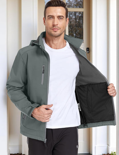 Men's Softshell Jacket with Removable Hood and Fleece Lining by