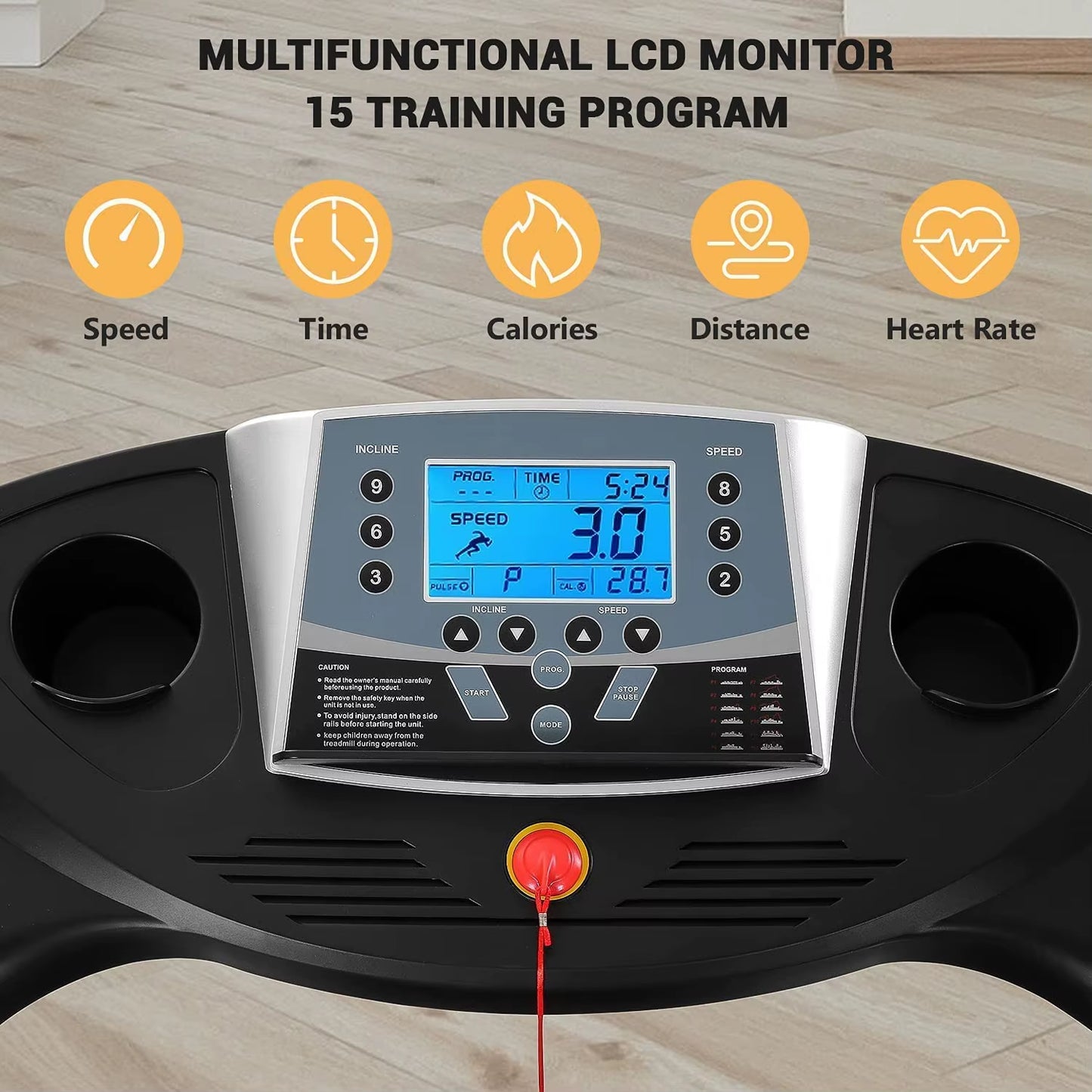 Folding Electric Treadmill with Auto Incline, 2.5HP Motor, 8.5MPH Speed, and 15 Training Programs - 17-Inch Running Machine