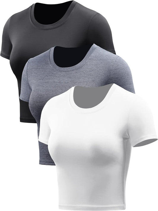 Women's Dry Fit Crop Top - 3-Piece Short Sleeve Athletic Running Tee Set