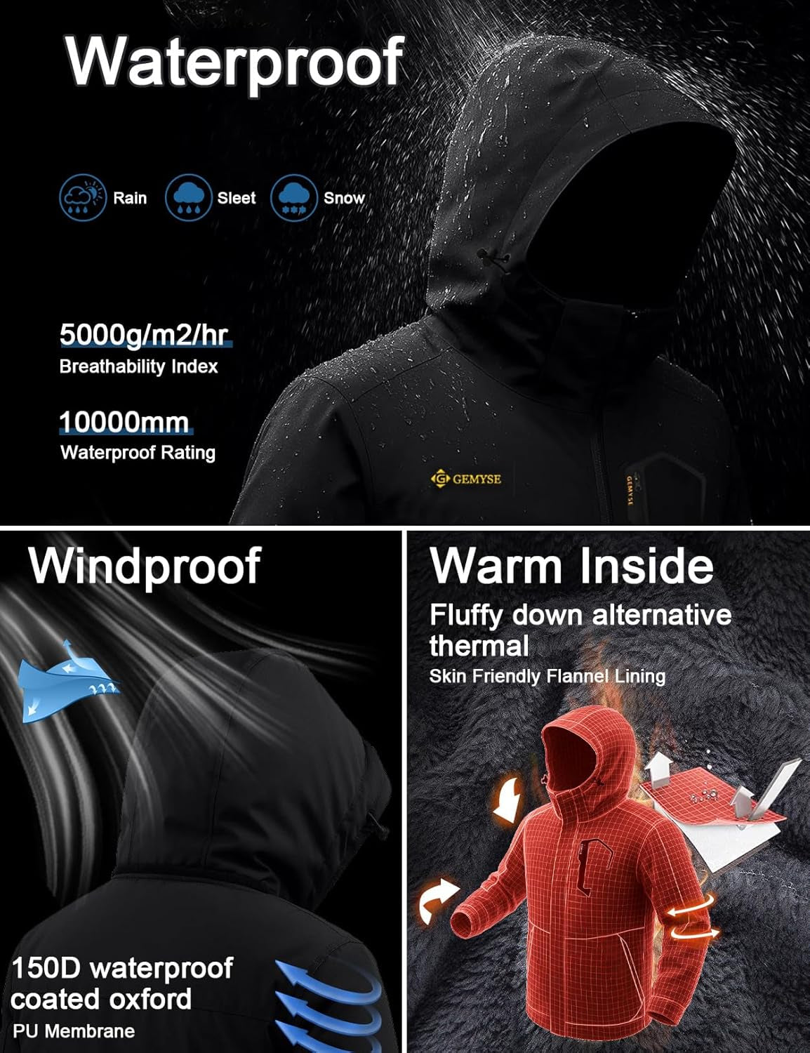 Men's Waterproof Ski and Snow Jacket - Windproof Winter Rain Jacket