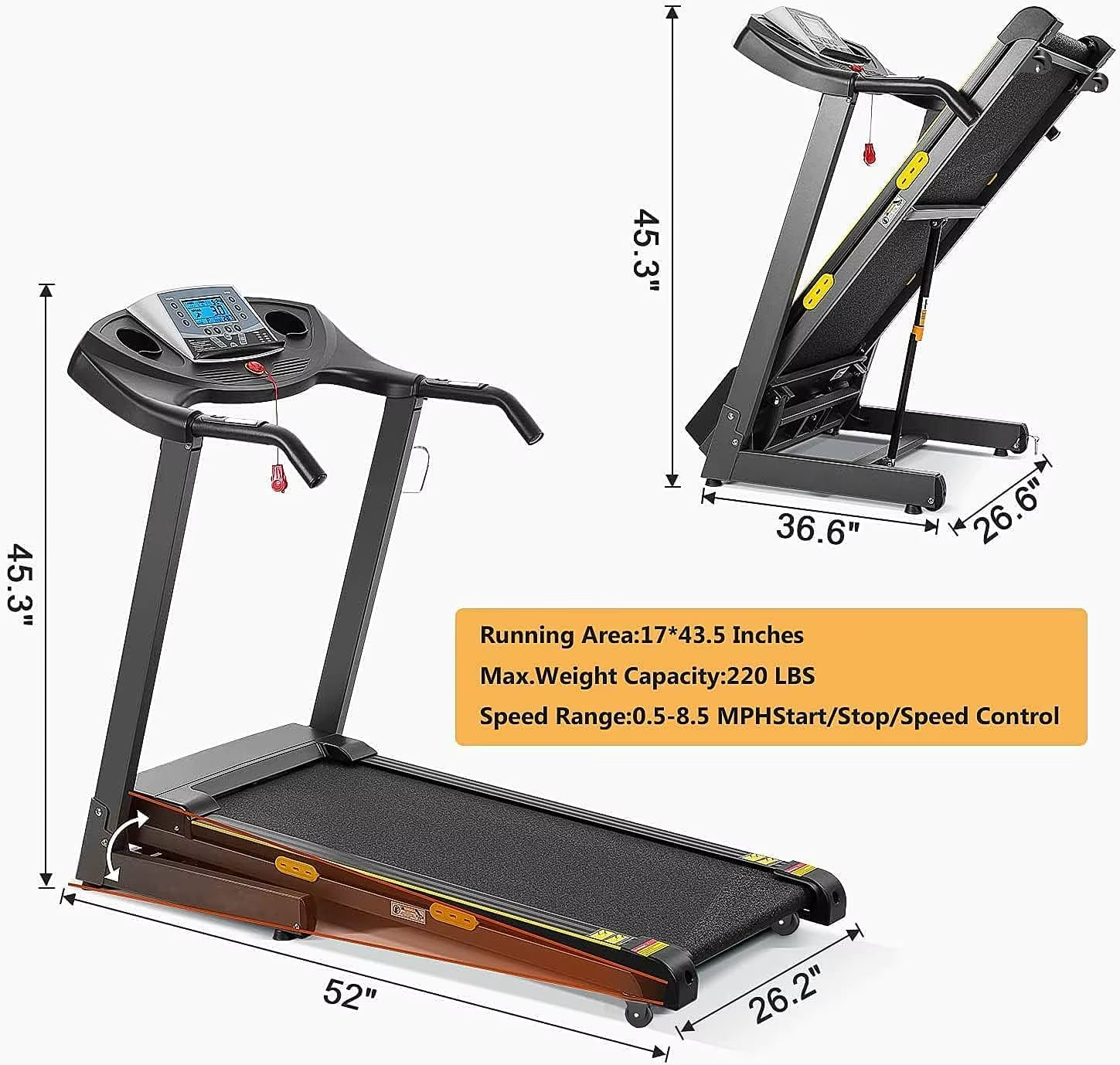 Folding Electric Treadmill with Auto Incline, 2.5HP Motor, 8.5MPH Speed, and 15 Training Programs - 17-Inch Running Machine