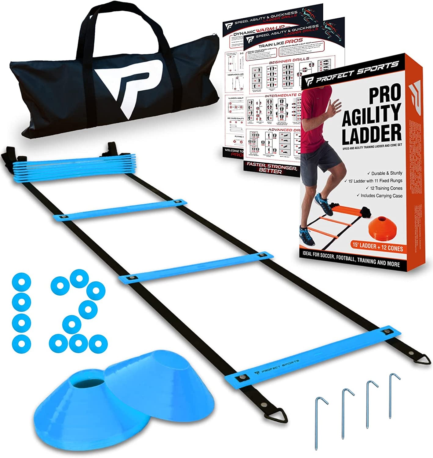 Pro Agility Ladder and Cone Training Set - 15 Ft Fixed-Rung Ladder and 12 Cones for Speed, Agility, and Footwork Drills - Includes Durable Carry Bag