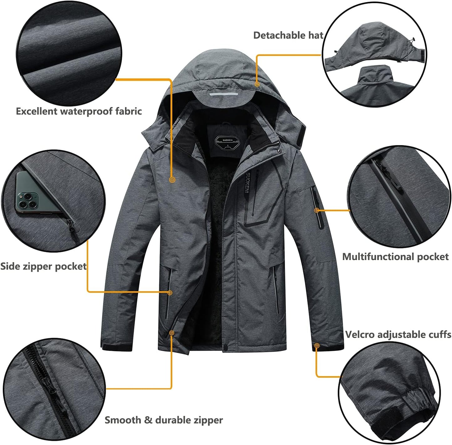 Men's Waterproof Ski Jacket - Insulated Winter Snow Coat with Hood