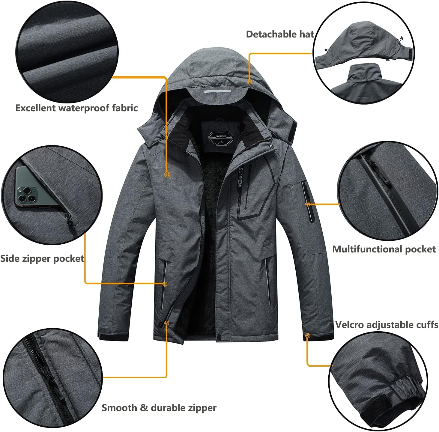 Men's Waterproof Ski Jacket - Insulated Winter Snow Coat with Hood
