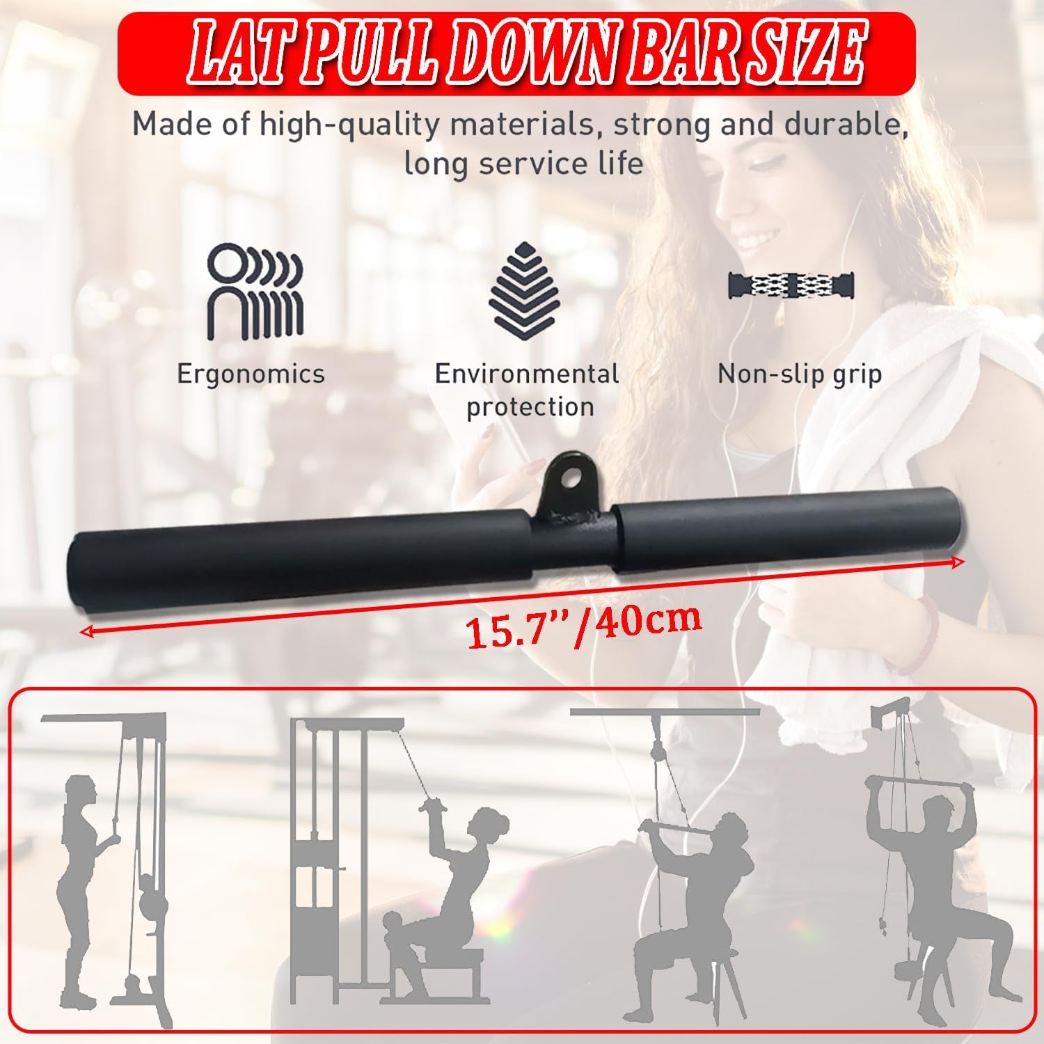 LAT Pull Down Bar Attachment for Cable Machines - Professional Fitness Accessory with Rubber Grip for Home Gym Muscle Building and Strength Training