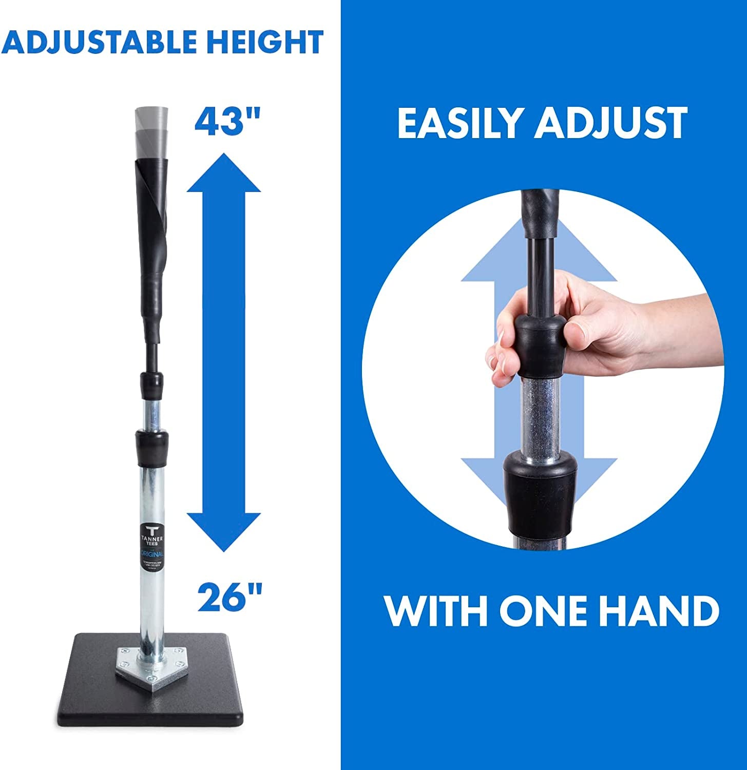 Tee Original Adjustable Batting Tee for Baseball and Softball – Steel Shaft, Composite Base, Hand-Rolled Rubber Top, Height Adjustable from 26" to 43