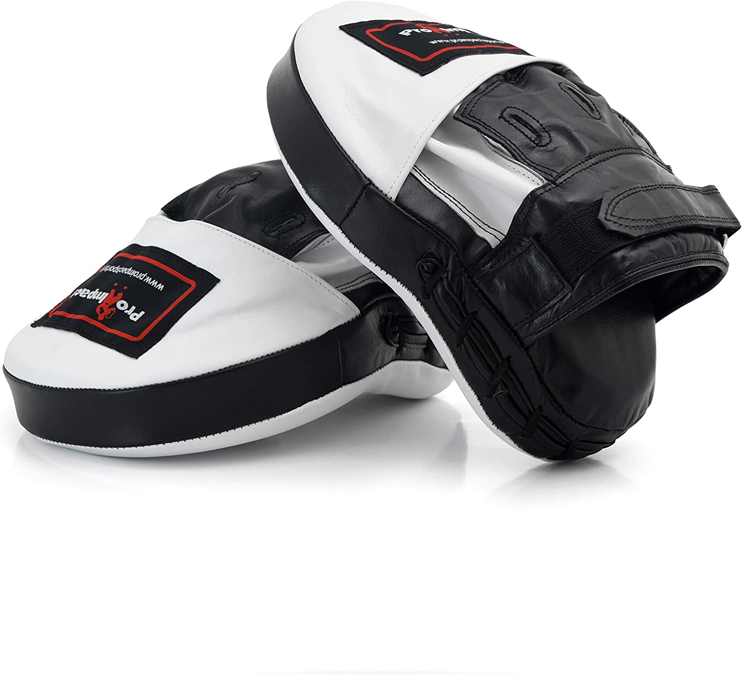 Curved Focus Mitts - Shock Absorbent Training Hand Pads for Karate, Boxing, MMA, Muay Thai, and Combat Sports - Genuine and PU Leather (White and Black)