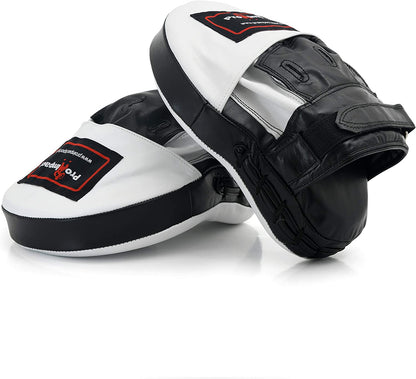 Curved Focus Mitts - Shock Absorbent Training Hand Pads for Karate, Boxing, MMA, Muay Thai, and Combat Sports - Genuine and PU Leather (White and Black)