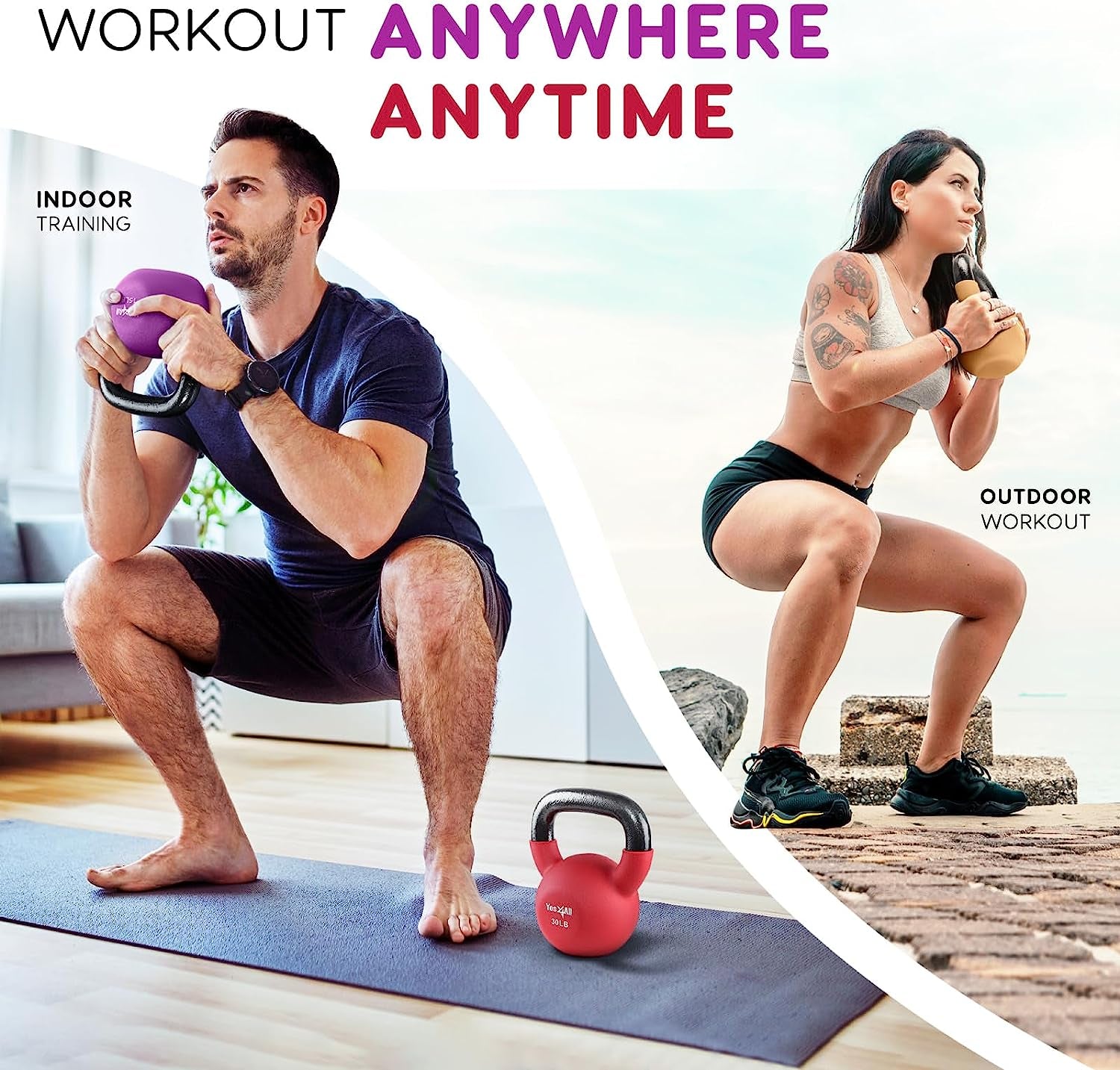 Neoprene Coated Cast Iron Kettlebells, 5-65 LB with Wide Grip Handle and Flat Bottom for Versatile Home Gym Workouts - Available Individually or as a Set