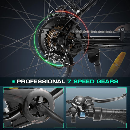 26" Electric Cruiser Bike - 500W E-Bike for Adults, 20MPH Speed, 48V Removable Battery, 7-Speed Professional Electric City Commuter Bicycle