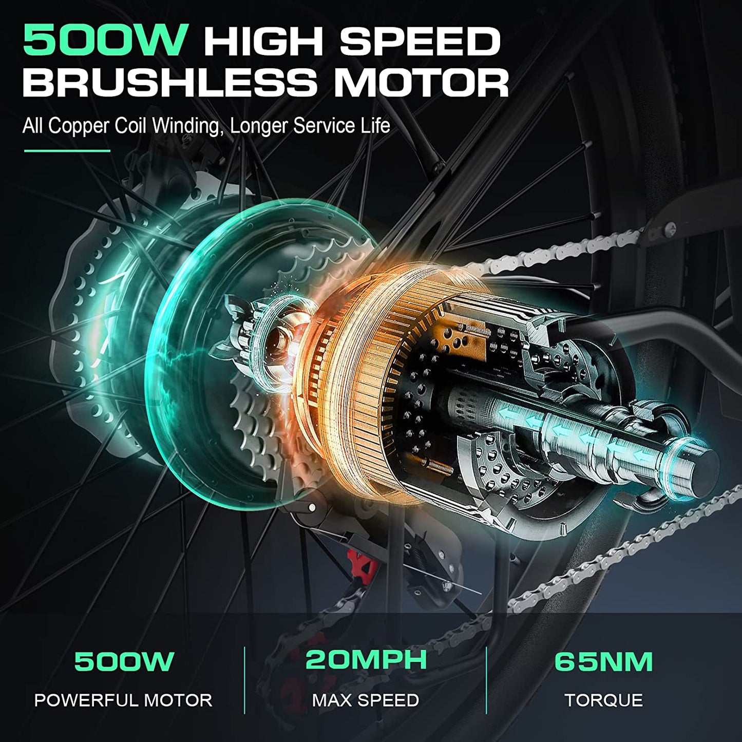 26" Electric Cruiser Bike - 500W E-Bike for Adults, 20MPH Speed, 48V Removable Battery, 7-Speed Professional Electric City Commuter Bicycle