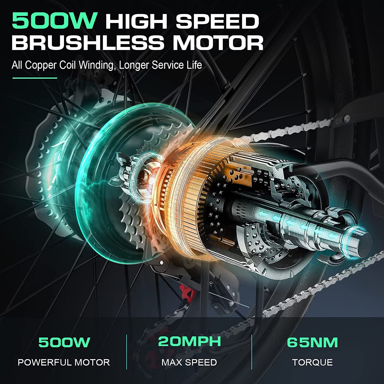 26" Electric Cruiser Bike - 500W E-Bike for Adults, 20MPH Speed, 48V Removable Battery, 7-Speed Professional Electric City Commuter Bicycle