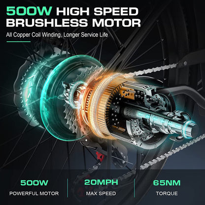 26" Electric Cruiser Bike - 500W E-Bike for Adults, 20MPH Speed, 48V Removable Battery, 7-Speed Professional Electric City Commuter Bicycle