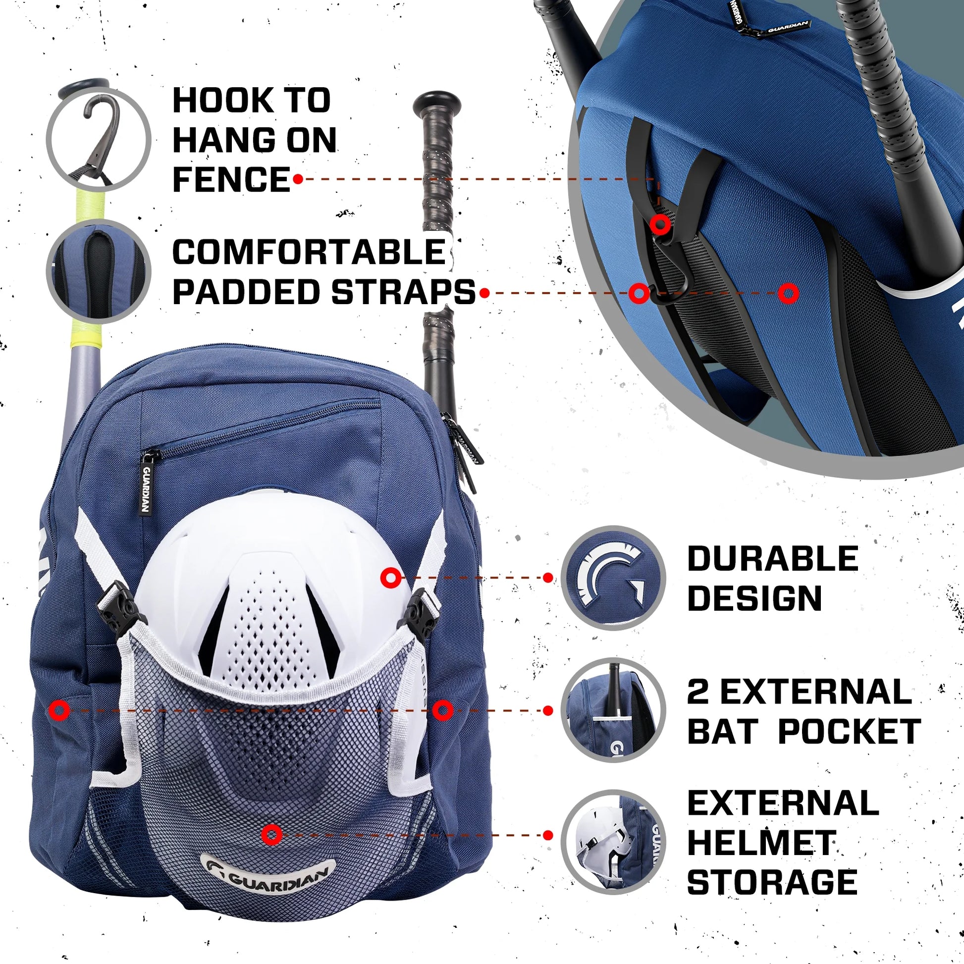 Guardian Youth Baseball and Softball Backpack - Durable Bat Bag for Boys and Girls, T-Ball Bag with Fence Hook - Navy/White