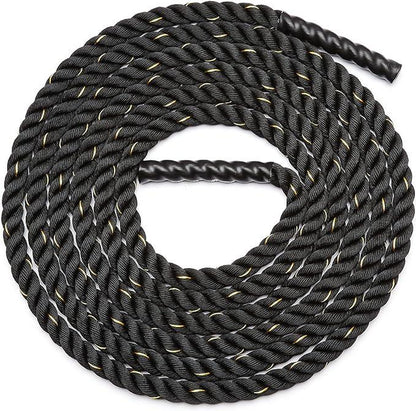 Battle Exercise Training Rope 30 Foot Lengths 1.5 Inch Widths Polyester Wear Resistant Black Yellow Exercise and Fitness for Adult