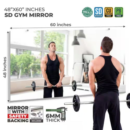 Large Fitness Center Mirror 1/4 In. Thick, Safety-Backed, 48 In. W X 60 In. H