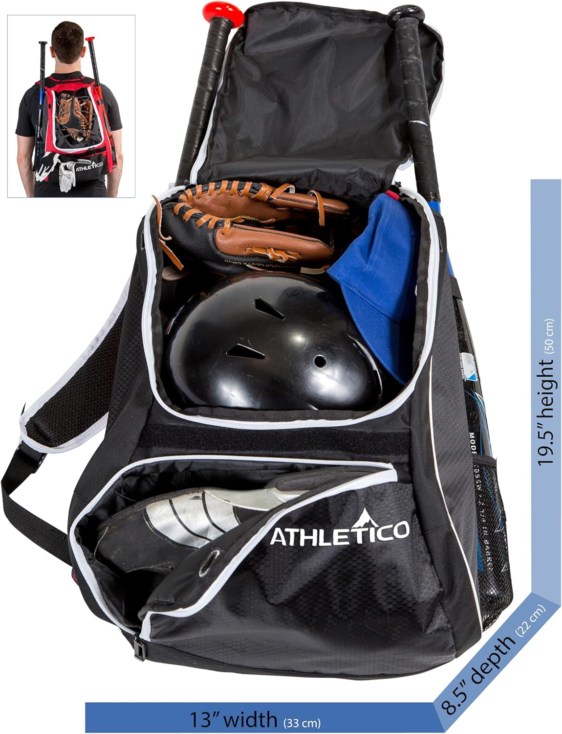 Baseball Bat Backpack - Premium Gear Bag for Baseball, T-Ball, and Softball Equipment for All Ages | Accommodates Bat, Helmet, Glove, and Footwear | Features Shoe Compartment and Fence Hook