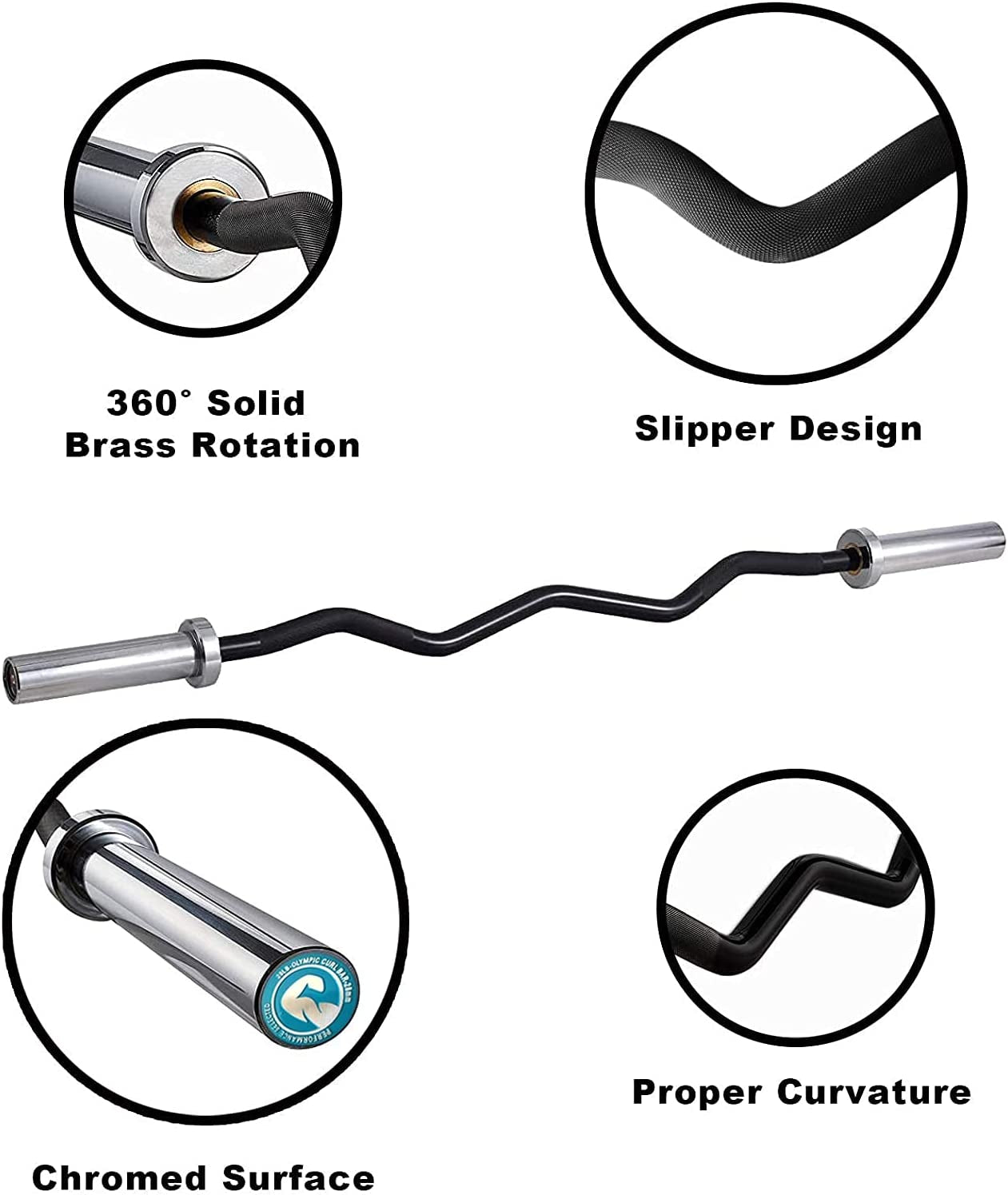 Olympic Barbell 47-Inch & 86-Inch EZ Curl Weight Bars – 350 lb and 1500 lb Capacity Chrome Barbells for Home and Gym Strength Training, Weightlifting, and Powerlifting