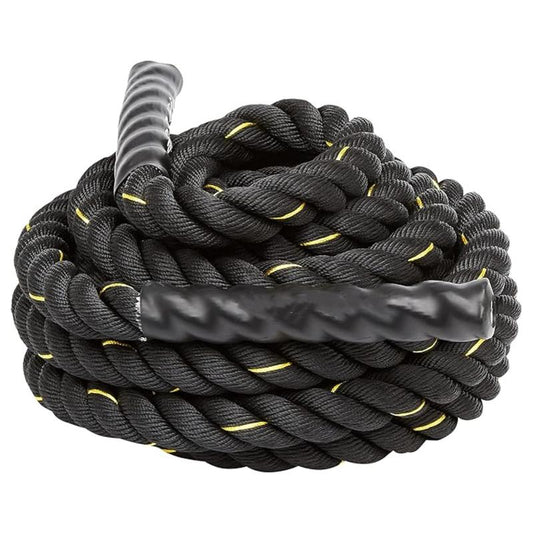 Battle Exercise Training Rope 30 Foot Lengths 1.5 Inch Widths Polyester Wear Resistant Black Yellow Exercise and Fitness for Adult