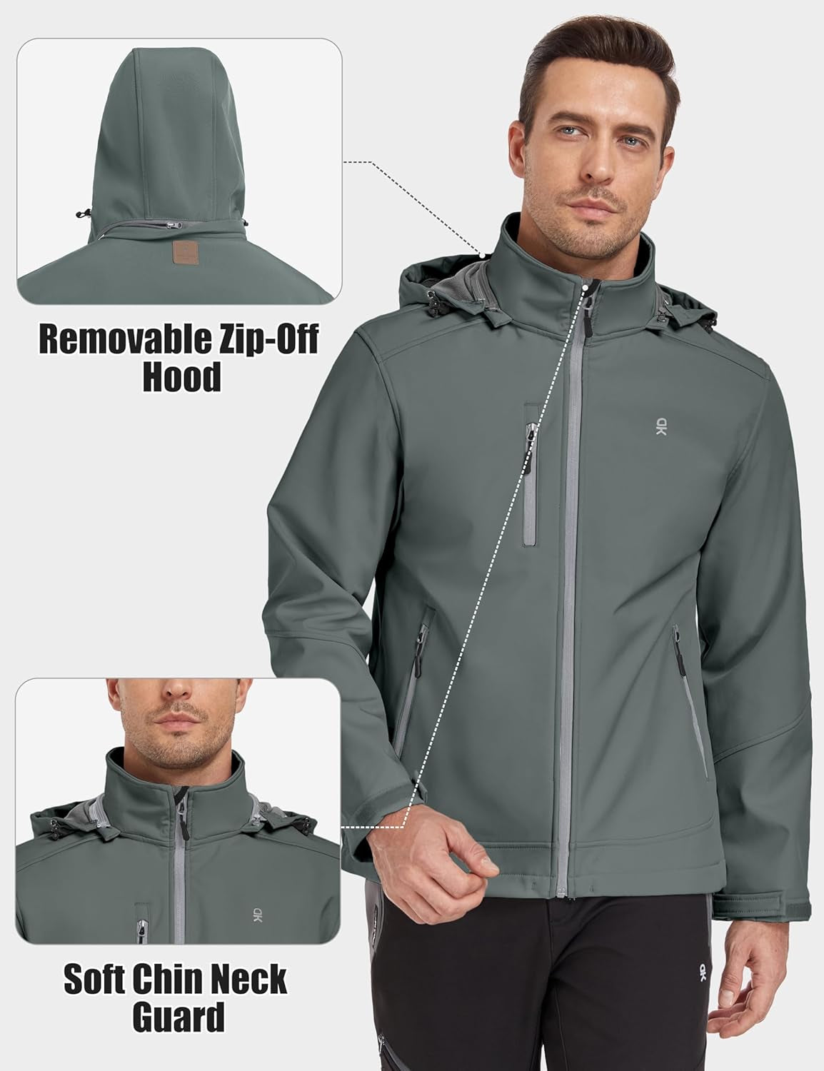 Men's Softshell Jacket with Removable Hood and Fleece Lining by