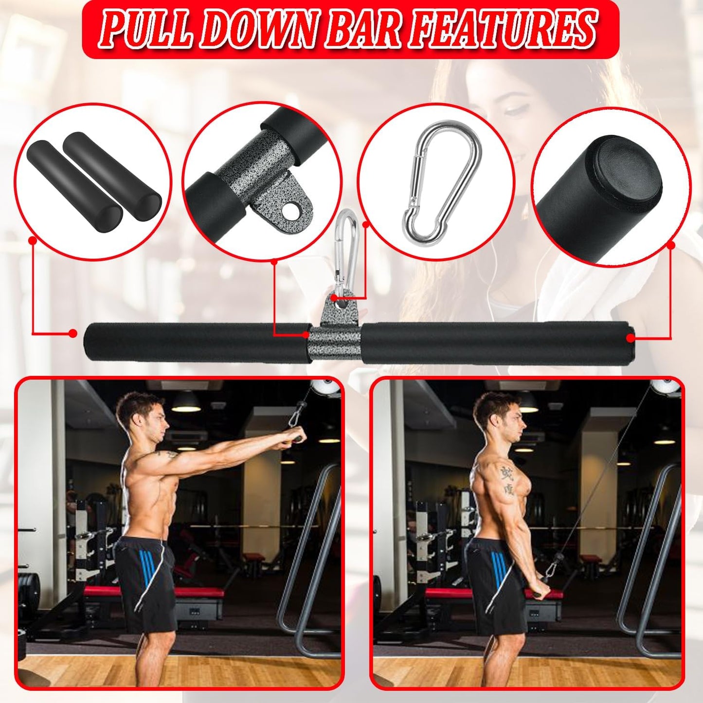 LAT Pull Down Bar Attachment for Cable Machines - Professional Fitness Accessory with Rubber Grip for Home Gym Muscle Building and Strength Training