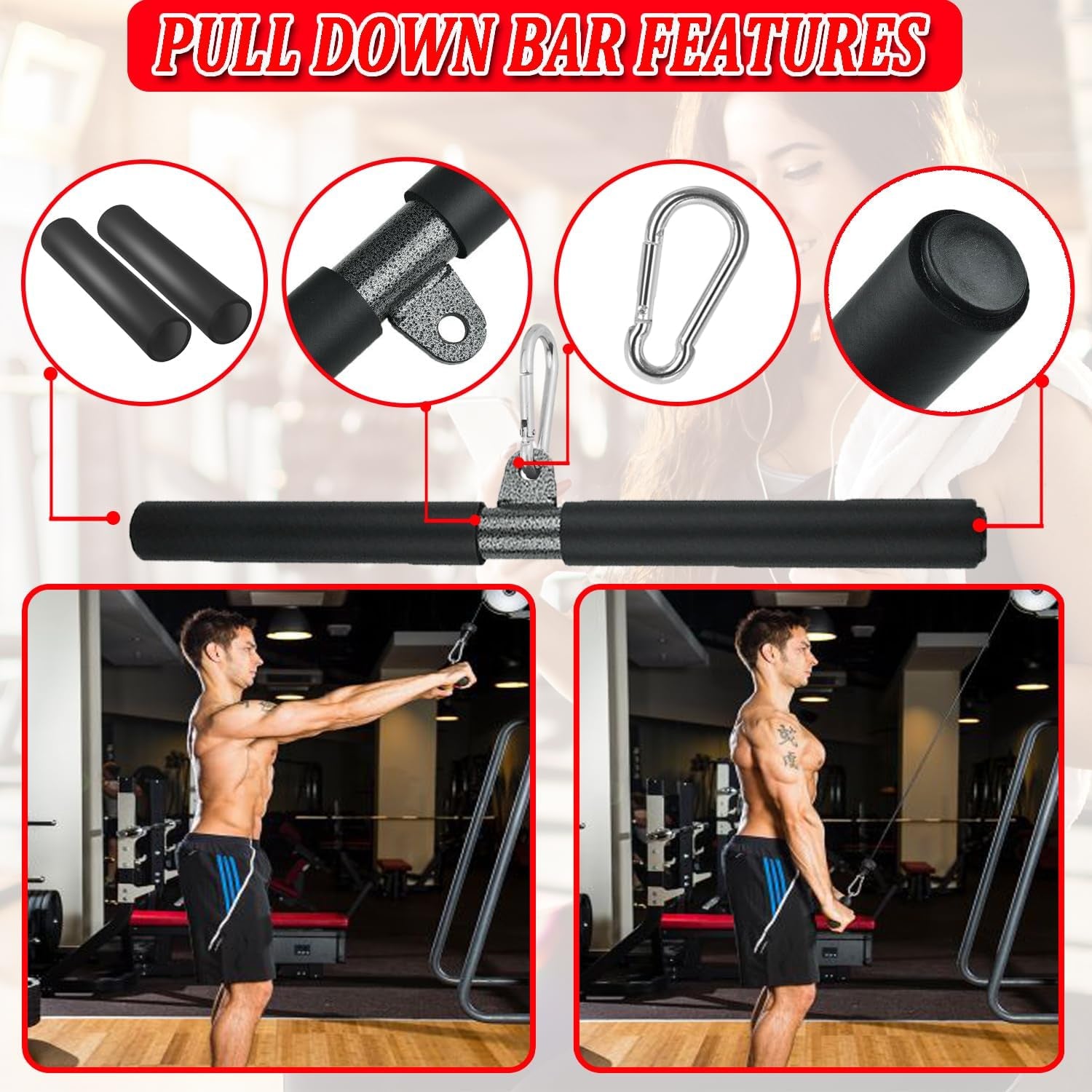 LAT Pull Down Bar Attachment for Cable Machines - Professional Fitness Accessory with Rubber Grip for Home Gym Muscle Building and Strength Training
