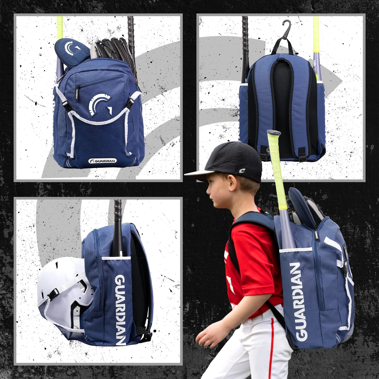 Guardian Youth Baseball and Softball Backpack - Durable Bat Bag for Boys and Girls, T-Ball Bag with Fence Hook - Navy/White
